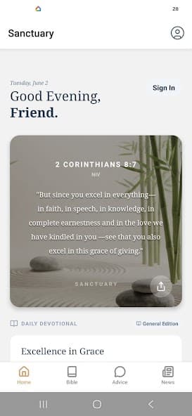 Sanctuary app home screen with a daily verse and devotional
