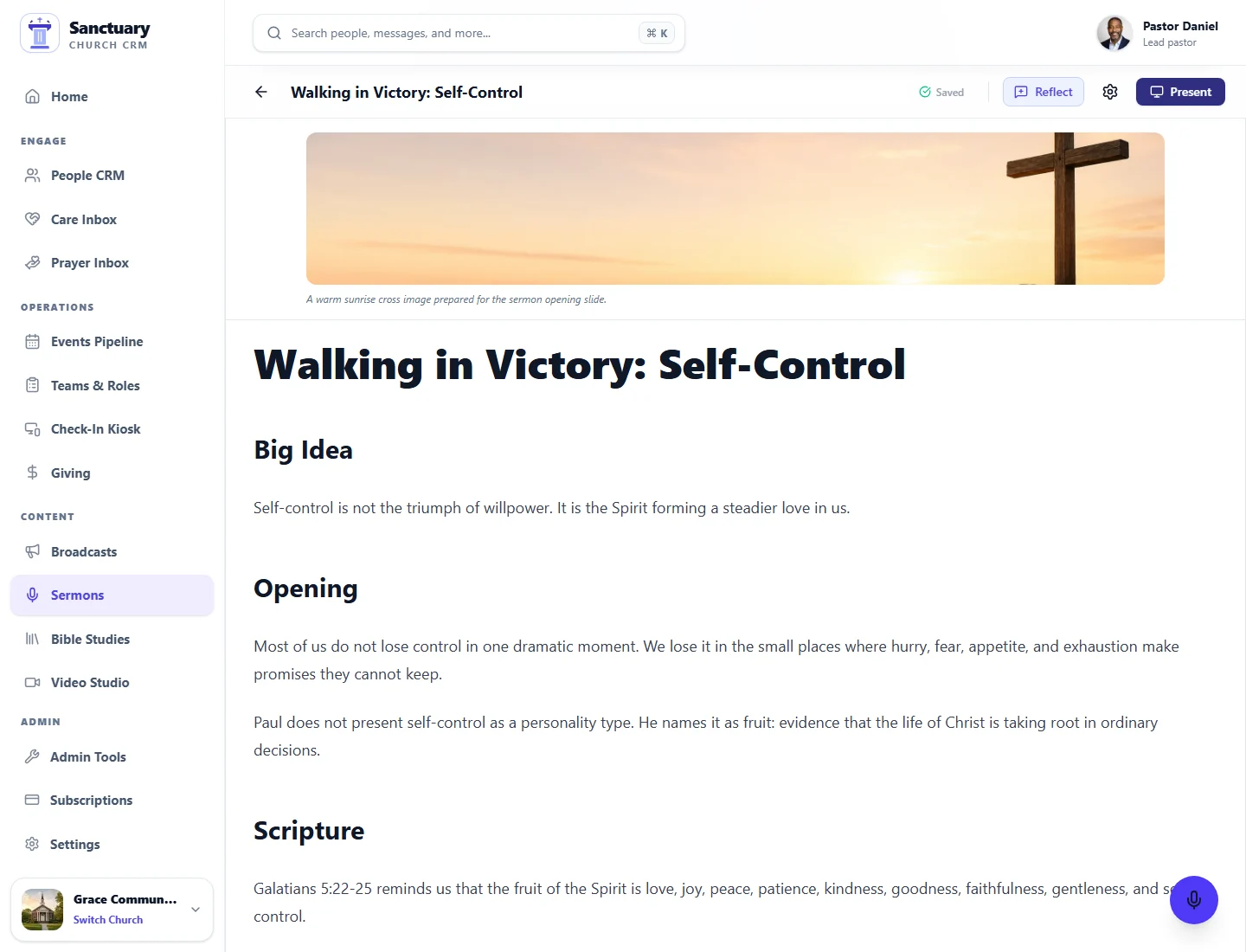 Sanctuary Church & Ministry Portal sermon authoring screen